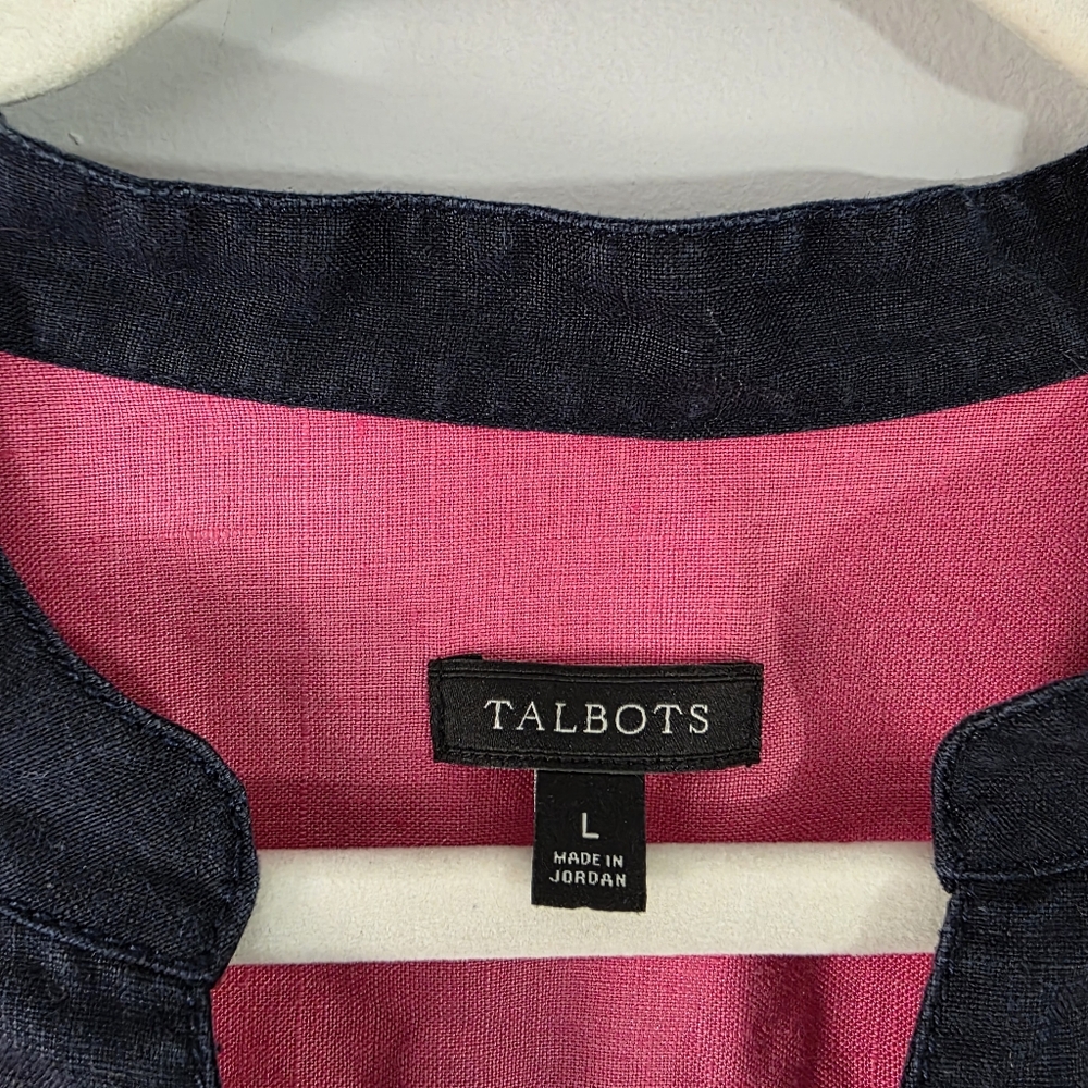 Talbots 100% Linen Long Sleeve Tunic Top Blouse Shirt Pink Navy Women's Large - Picture 5 of 9